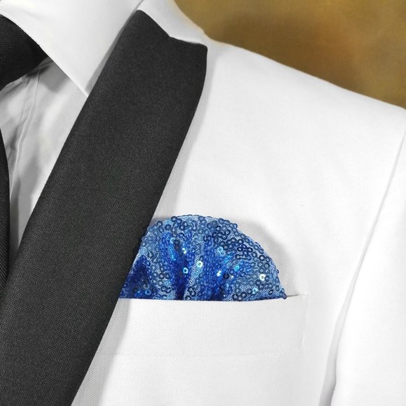 Men's Sequin Pre-Folded Pocket Square Insert - Sky Blue Fan Design - Picture 1 of 8